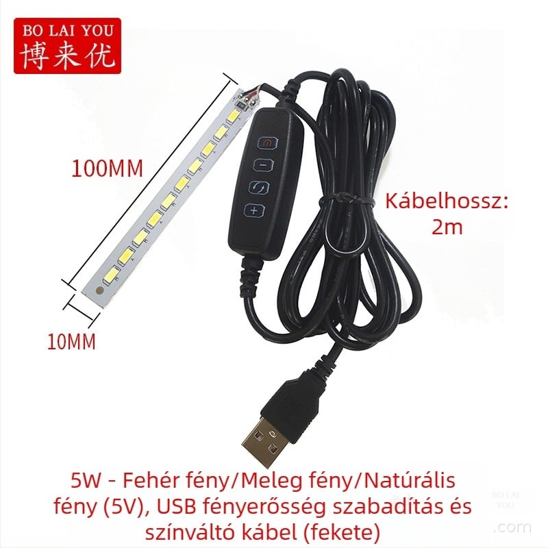 LED USB asztali lámpa állítható fényerővel, 5V USB tápegység, gombkapcsoló, alumínium árnyékoló, fém tartó