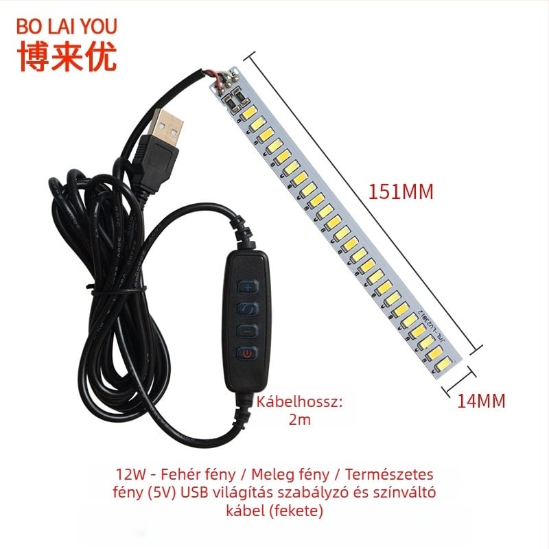LED USB asztali lámpa állítható fényerővel, 5V USB tápegység, gombkapcsoló, alumínium árnyékoló, fém tartó