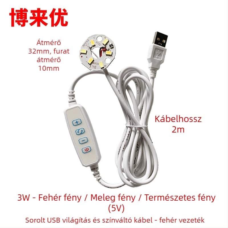 LED USB asztali lámpa állítható fényerővel, 5V USB tápegység, gombkapcsoló, alumínium árnyékoló, fém tartó