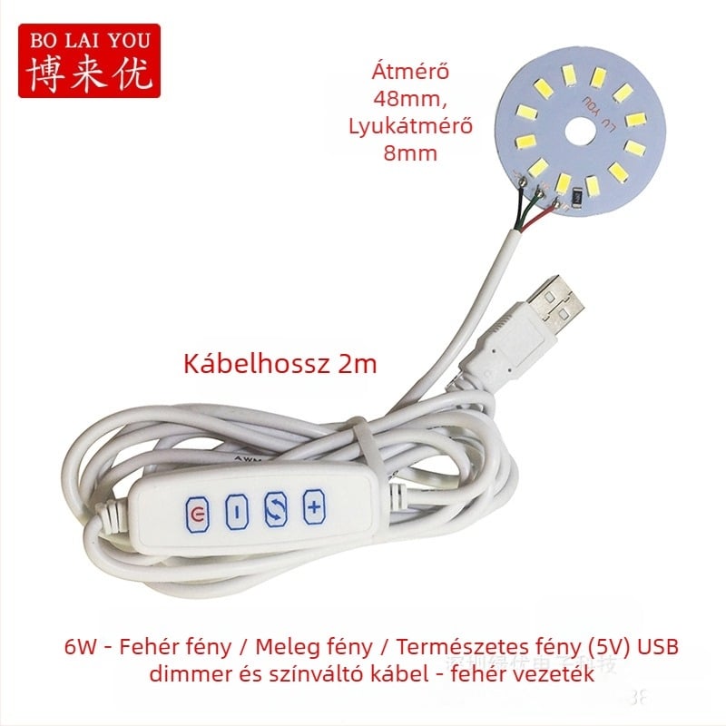 LED USB asztali lámpa állítható fényerővel, 5V USB tápegység, gombkapcsoló, alumínium árnyékoló, fém tartó