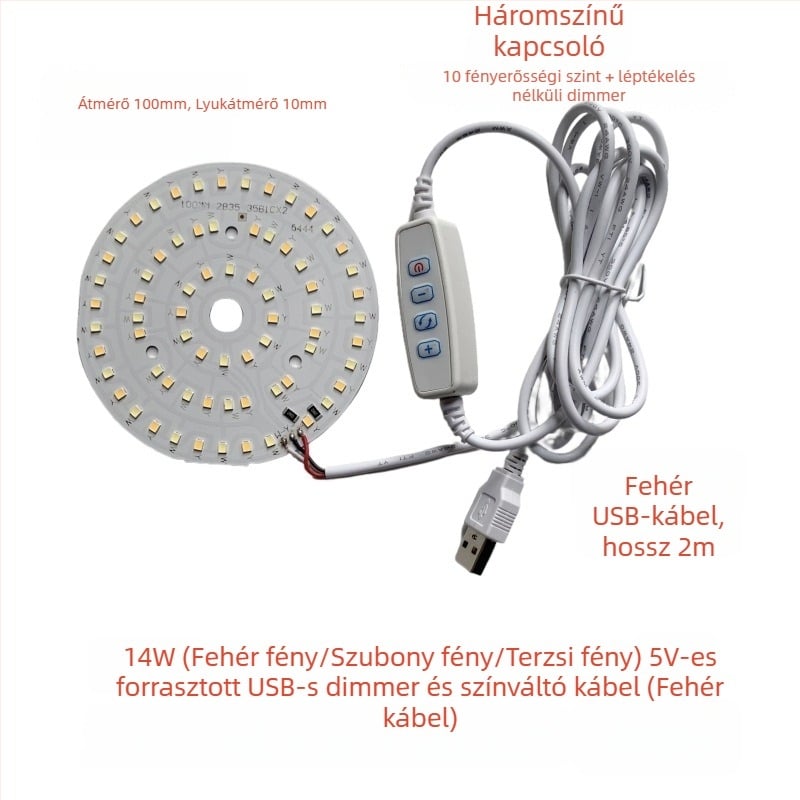 LED USB asztali lámpa állítható fényerővel, 5V USB tápegység, gombkapcsoló, alumínium árnyékoló, fém tartó