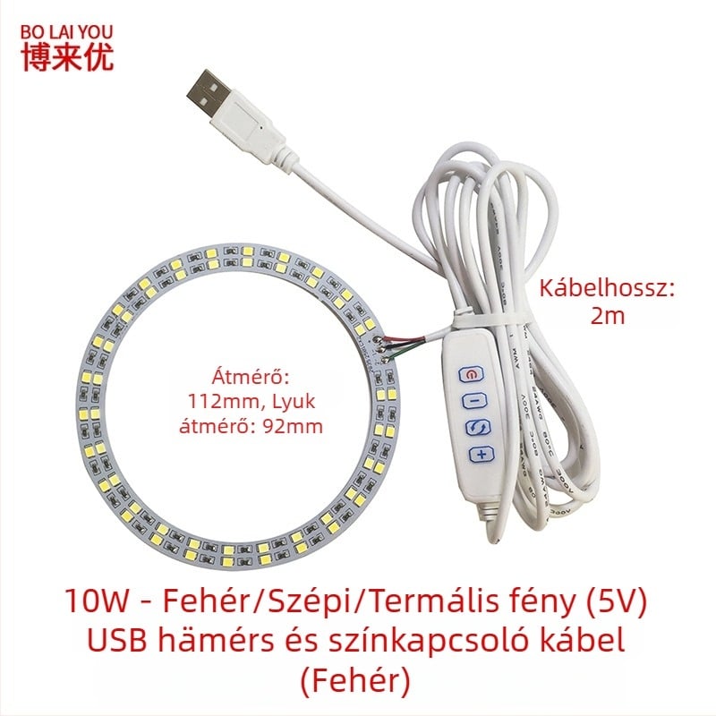 LED USB asztali lámpa állítható fényerővel, 5V USB tápegység, gombkapcsoló, alumínium árnyékoló, fém tartó