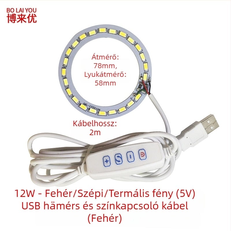 LED USB asztali lámpa állítható fényerővel, 5V USB tápegység, gombkapcsoló, alumínium árnyékoló, fém tartó