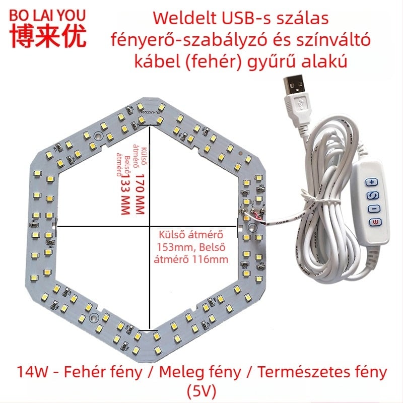 LED USB asztali lámpa állítható fényerővel, 5V USB tápegység, gombkapcsoló, alumínium árnyékoló, fém tartó