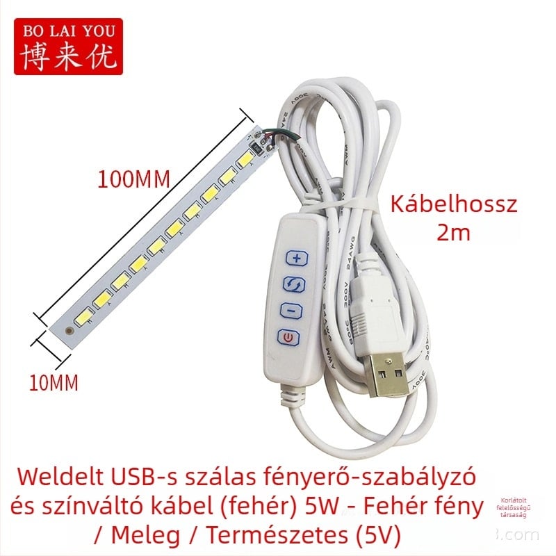 LED USB asztali lámpa állítható fényerővel, 5V USB tápegység, gombkapcsoló, alumínium árnyékoló, fém tartó