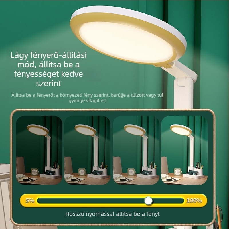 Olvasólámpa íróasztalhoz, szemvédő, anti-kékfény, villogásmentes; USB töltés, összecsukható, fényerő-szabályozás, érintéses kapcsoló, beépített akkumulátor, éjszakai világítás
