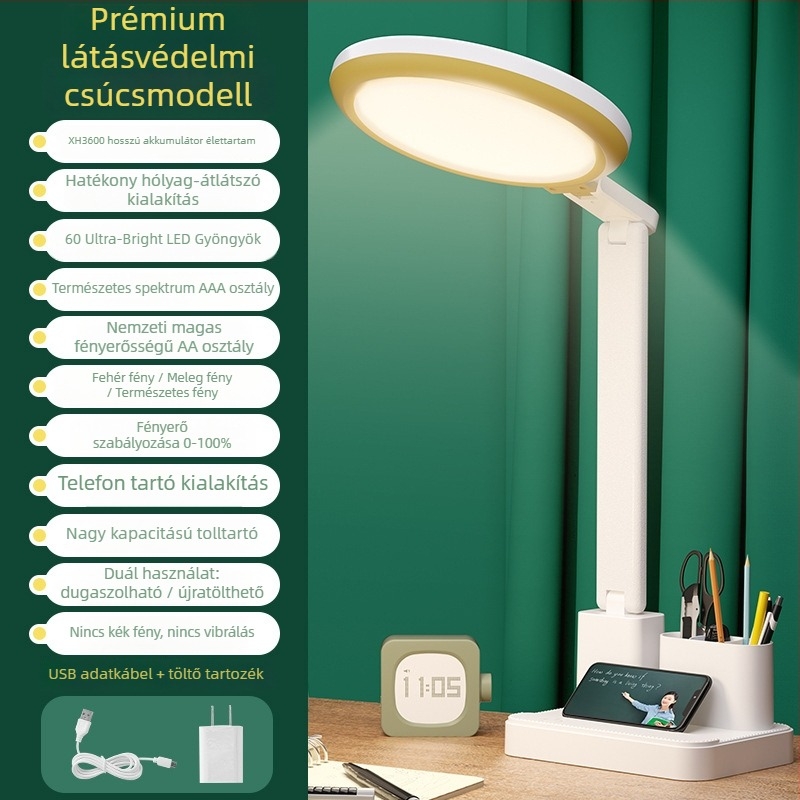 Olvasólámpa íróasztalhoz, szemvédő, anti-kékfény, villogásmentes; USB töltés, összecsukható, fényerő-szabályozás, érintéses kapcsoló, beépített akkumulátor, éjszakai világítás