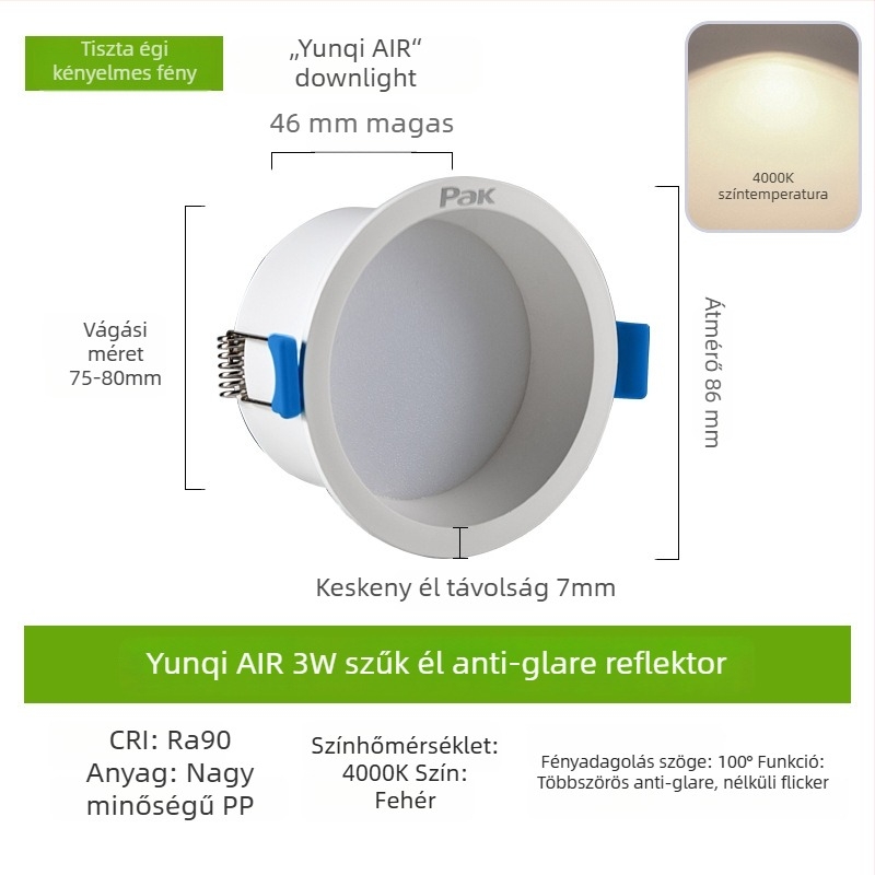 LED-es downlight, rejtett beépítés, 75 mm nyílás, 220V, CRI ≥ 90