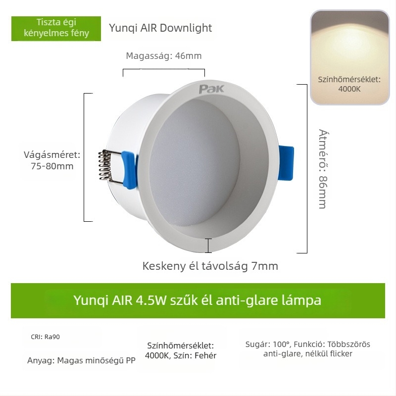 LED-es downlight, rejtett beépítés, 75 mm nyílás, 220V, CRI ≥ 90