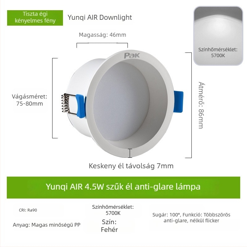 LED-es downlight, rejtett beépítés, 75 mm nyílás, 220V, CRI ≥ 90