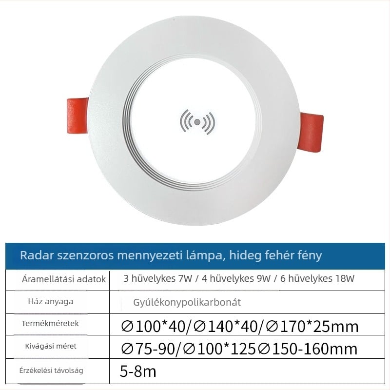 Beépített LED downlight radaros mozgásérzékelővel, rejtett telepítés, intelligens vezérlés, 6–10W, 220V