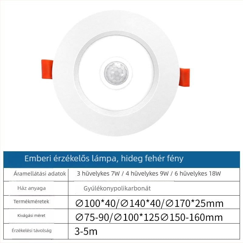 Beépített LED downlight radaros mozgásérzékelővel, rejtett telepítés, intelligens vezérlés, 6–10W, 220V