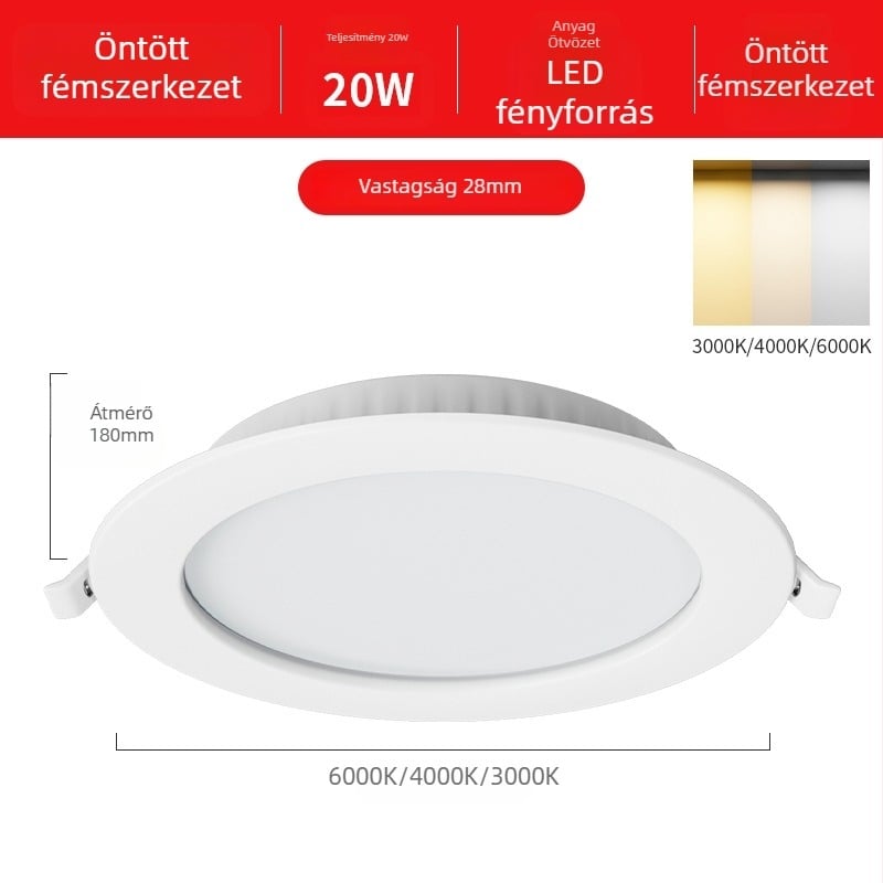 LED mennyezetvilágítás beépített kivitel, 12W, 220V, 3000K/4000K/6000K