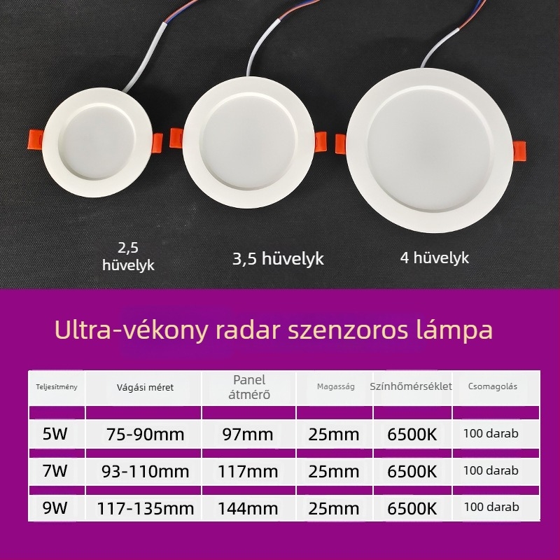 LED lefelé világító lámpa testérzékelővel, IR radar és hangvezérléssel, rejtett szerelés, 220V, LED szemcsék 2835 x10, 6500K