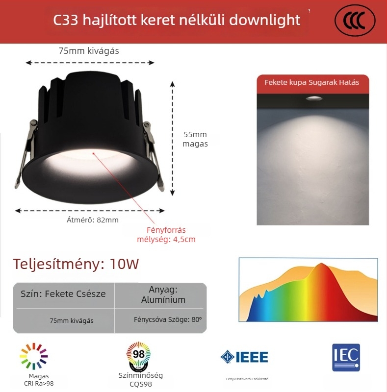 Keretszegment nélküli LED downlight ívelt profilú, beépített, COB LED, 220V, alumínium ház, nyílás 75 mm, 82 mm teljes méret, 3000–6000K