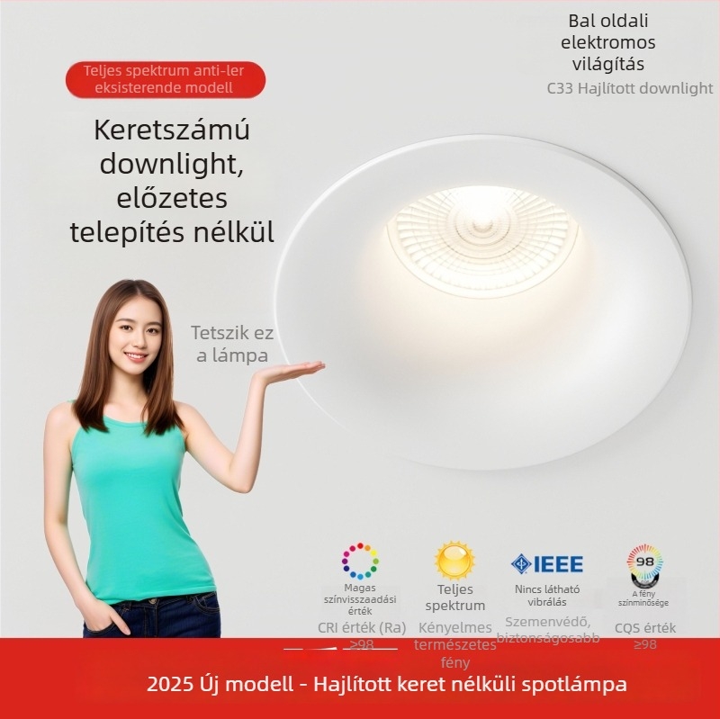 Keretszegment nélküli LED downlight ívelt profilú, beépített, COB LED, 220V, alumínium ház, nyílás 75 mm, 82 mm teljes méret, 3000–6000K