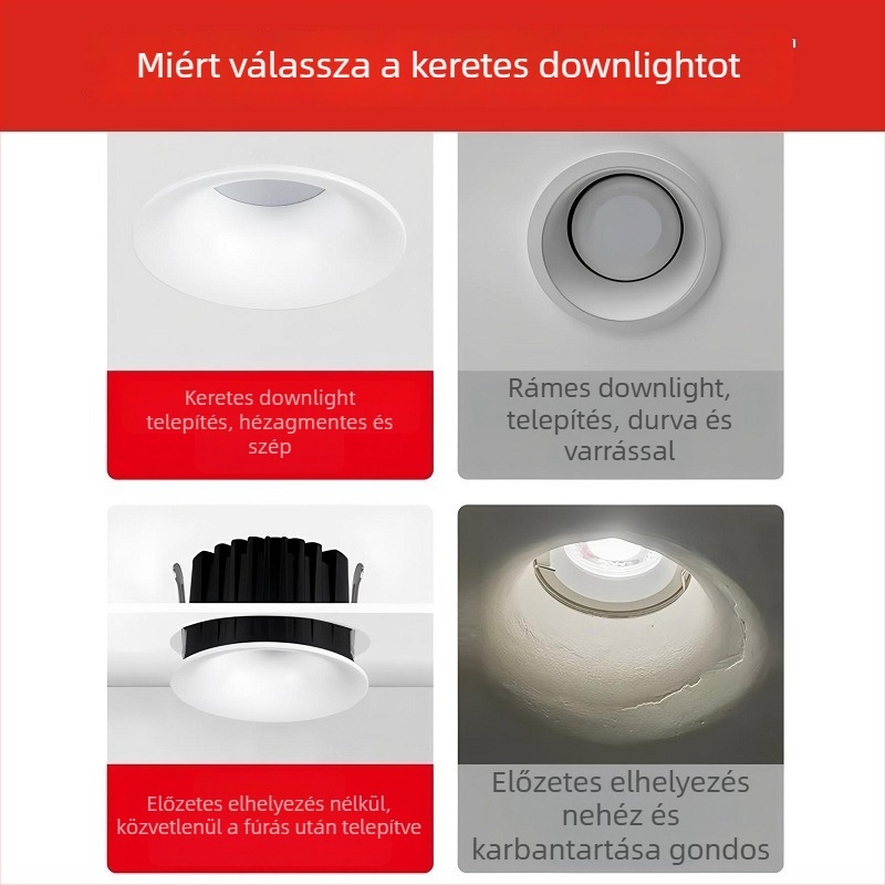 Keretszegment nélküli LED downlight ívelt profilú, beépített, COB LED, 220V, alumínium ház, nyílás 75 mm, 82 mm teljes méret, 3000–6000K