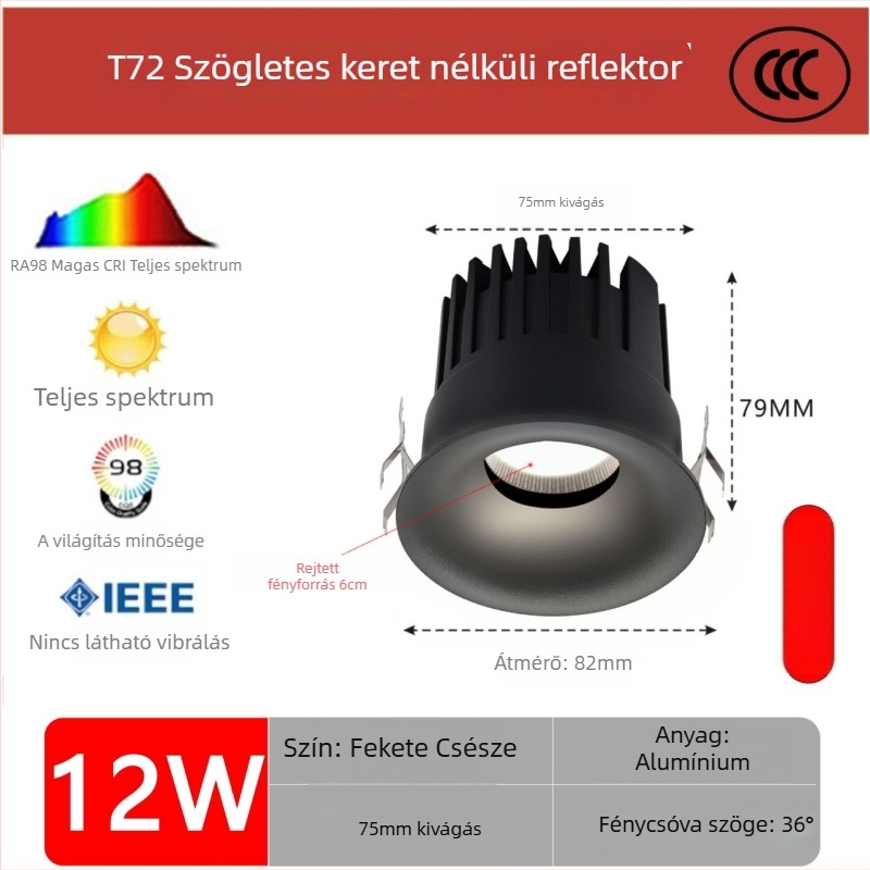 Keretszegment nélküli LED downlight ívelt profilú, beépített, COB LED, 220V, alumínium ház, nyílás 75 mm, 82 mm teljes méret, 3000–6000K
