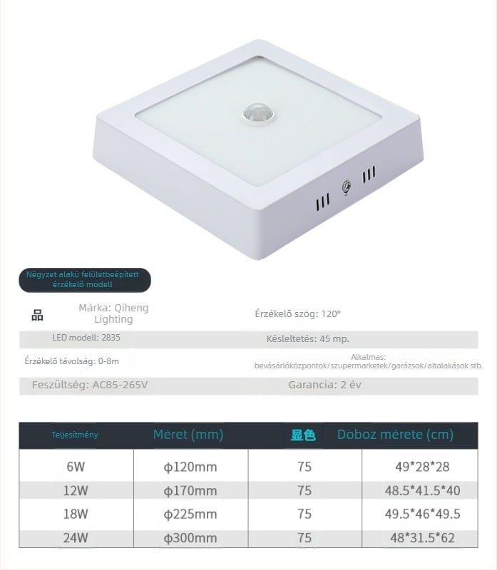 LED mennyezetvilágítás PIR érzékelővel, alumínium ház, 85–265V, élettartam 80 000 óra, Energiatakarékossági osztály 5