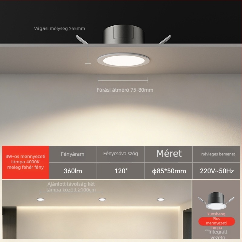 LED downlight CRI ≥90, 4000K, lépcsőmentes dimmelés, 220V, rejtett szerelés