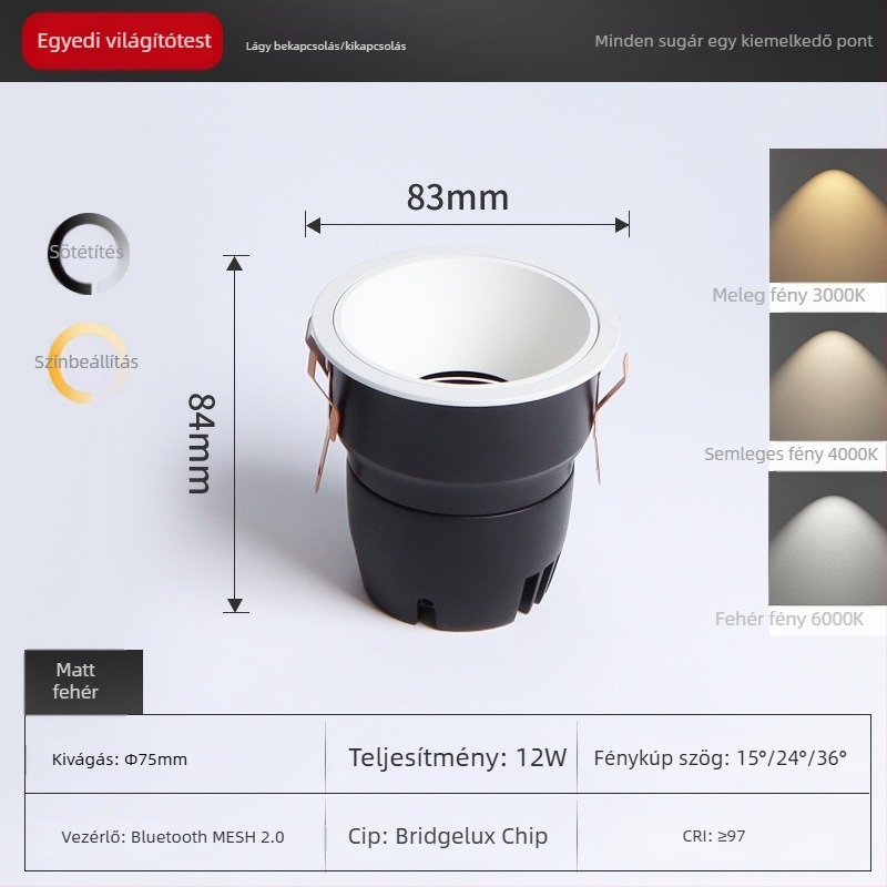 LED csővilágító spotlámpa intelligens Bluetooth MESH2.0-ával, szemvédelem, beépített COB, 220V, CRI ≥95, fokozatmentes fényerő-szabályzás és színbeállítás, alumínium ház