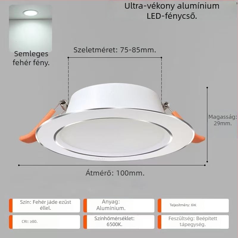 LED mennyezetfény – ultra vékony alumínium ház, beépített szerelés, 6500K nappali fény, 220V, CRI 70–79