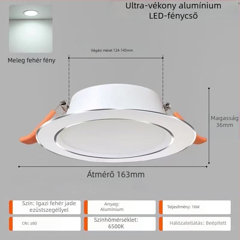 LED mennyezetfény – ultra vékony alumínium ház, beépített szerelés, 6500K nappali fény, 220V, CRI 70–79