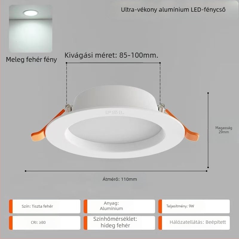 LED mennyezetfény – ultra vékony alumínium ház, beépített szerelés, 6500K nappali fény, 220V, CRI 70–79