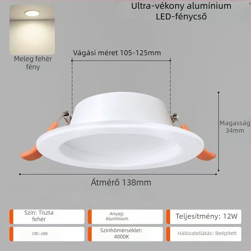 LED mennyezetfény – ultra vékony alumínium ház, beépített szerelés, 6500K nappali fény, 220V, CRI 70–79