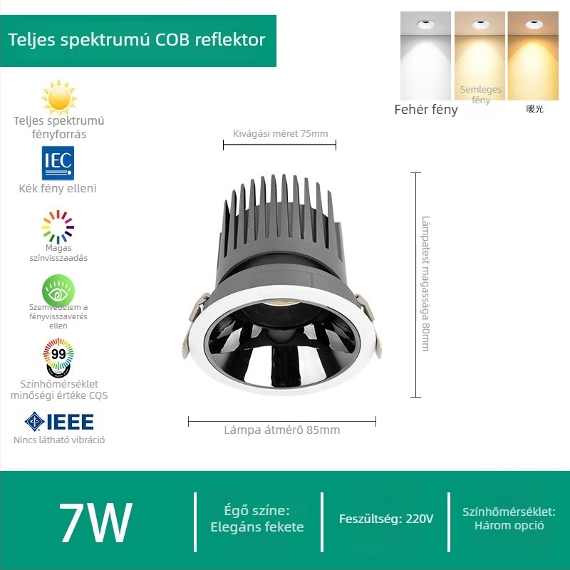 Otthoni használatra szánt LED reflektor, beépített mennyezeti lámpa, 220V, Puri chip, alumínium ház, kapcsoló-vezérlés