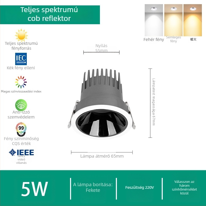 Otthoni használatra szánt LED reflektor, beépített mennyezeti lámpa, 220V, Puri chip, alumínium ház, kapcsoló-vezérlés