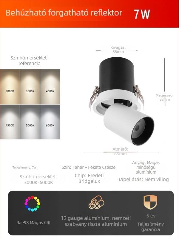 LED mennyezeti spotlámpa, beépített, állítható szög, COB fényforrás, alumínium ház, 220V, CRI ≥95