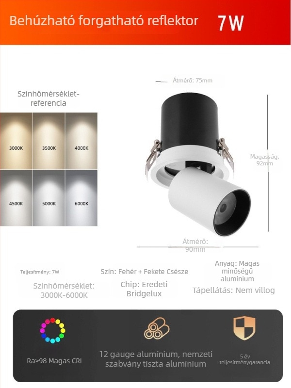 LED mennyezeti spotlámpa, beépített, állítható szög, COB fényforrás, alumínium ház, 220V, CRI ≥95