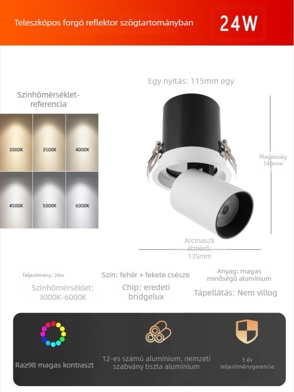 LED mennyezeti spotlámpa, beépített, állítható szög, COB fényforrás, alumínium ház, 220V, CRI ≥95