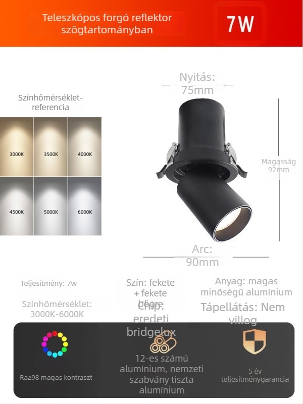 LED mennyezeti spotlámpa, beépített, állítható szög, COB fényforrás, alumínium ház, 220V, CRI ≥95