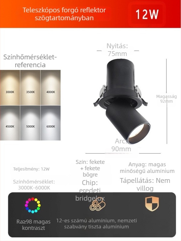 LED mennyezeti spotlámpa, beépített, állítható szög, COB fényforrás, alumínium ház, 220V, CRI ≥95