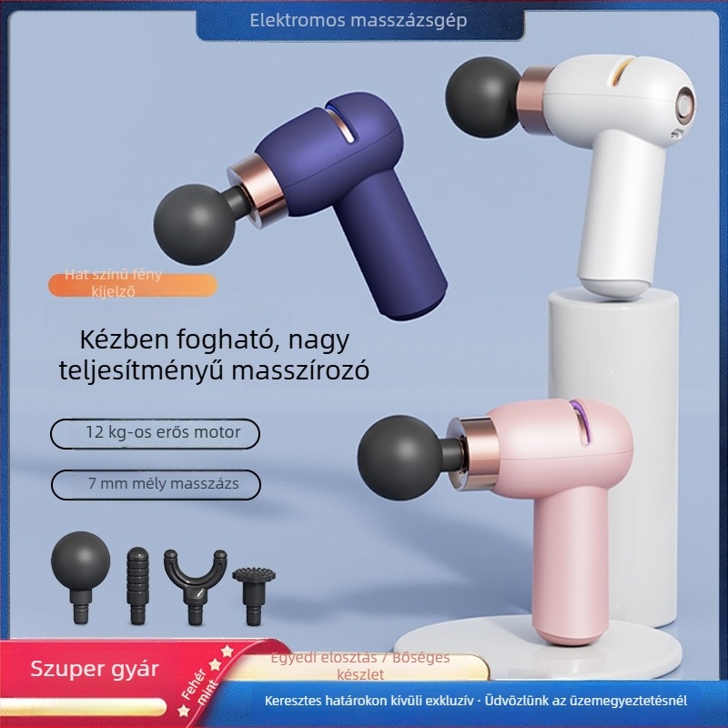 Mini fascia masszírozó izomlazításhoz, 4 fejjel, beépített 1000–1200 mAh akkumulátor, üzemidő 1–3 óra, zaj 36 dB alatt, 5 sebesség