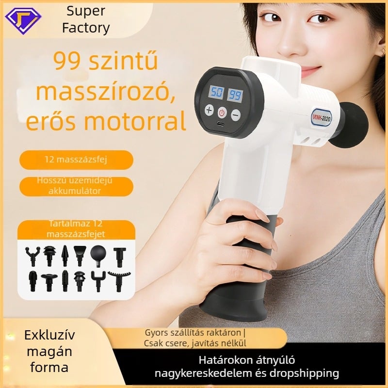 Masszázspisztoly 6+ fej, 5 sebesség, zaj 36–45 dB, beépített 1200–2000 mAh akkumulátor