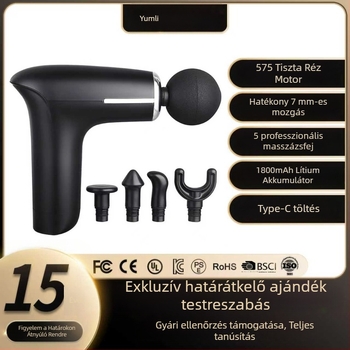 Mini fascia masszírozó kefés motorral, 5 fokozat, beépített 1200–2000 mAh akkumulátor, működési idő 1–3 óra, zaj 46–70 dB