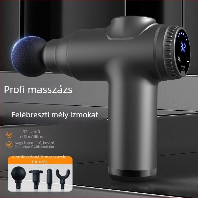 Mini fascia-géj izomlazításra, 4 fej, LCD-kijelző, 4 fokozat, alacsony zajú, beépített 1000–1200 mAh akkumulátor.