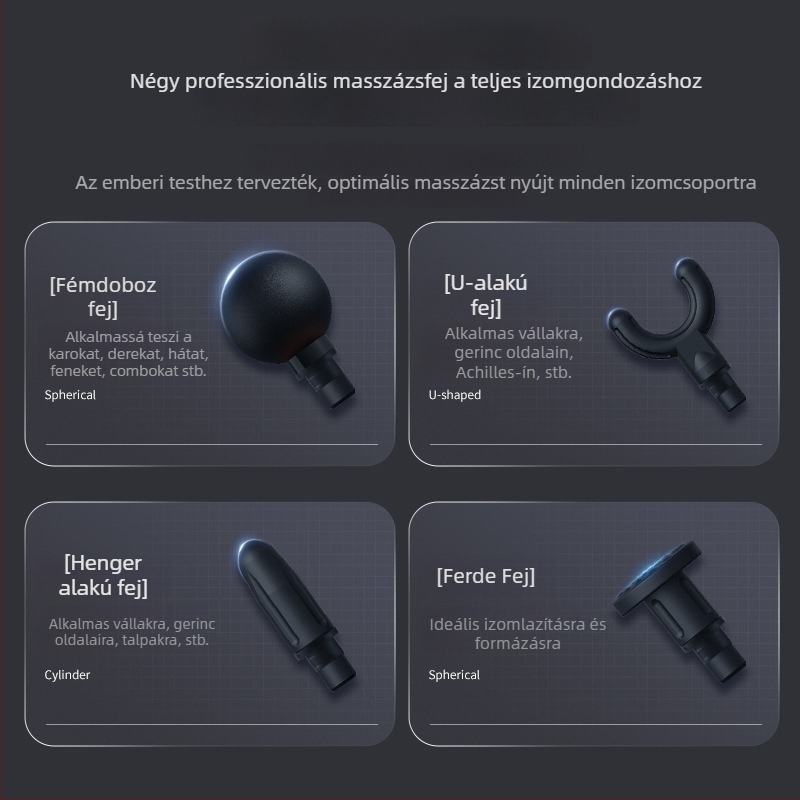 Mini fascia-géj izomlazításra, 4 fej, LCD-kijelző, 4 fokozat, alacsony zajú, beépített 1000–1200 mAh akkumulátor.
