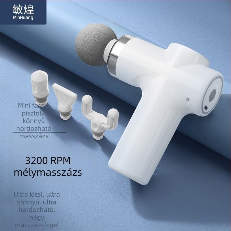 Fascia Gun masszírozó – Mini hordozható, 4 fej (kefés motor; beépített akkumulátor 1200-2000 mAh; üzemidő >12 óra; zaj 36-45 dB)