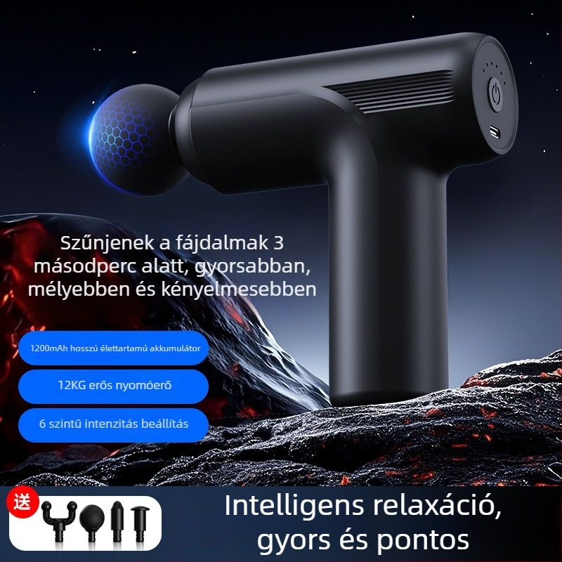 Fascia masszírozó: Mini hordozható elektromos izom masszírozó, 4 fej, 5+ fokozat, beépített 1000-1200 mAh akkumulátor, zaj 46-70 dB