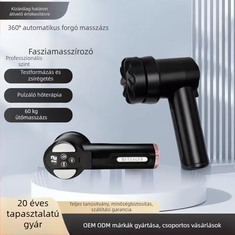 Fasciális masszírozó pisztoly kefés motorral, melegítő funkcióval, 5+ sebességfokozat, 4 masszázs fej, beépített akkumulátor