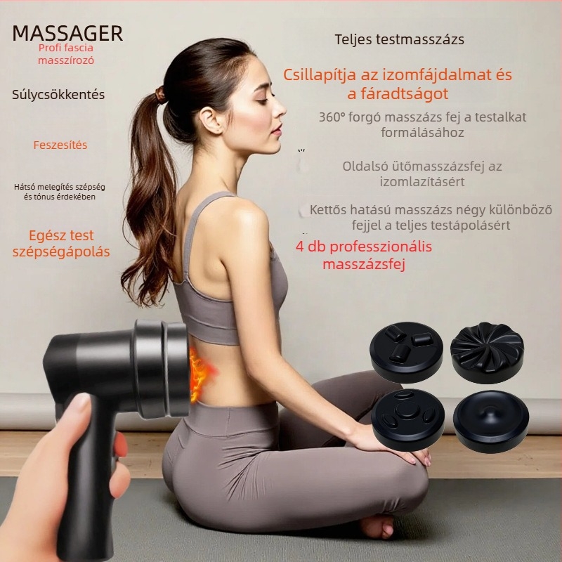 Fasciális masszírozó pisztoly kefés motorral, melegítő funkcióval, 5+ sebességfokozat, 4 masszázs fej, beépített akkumulátor