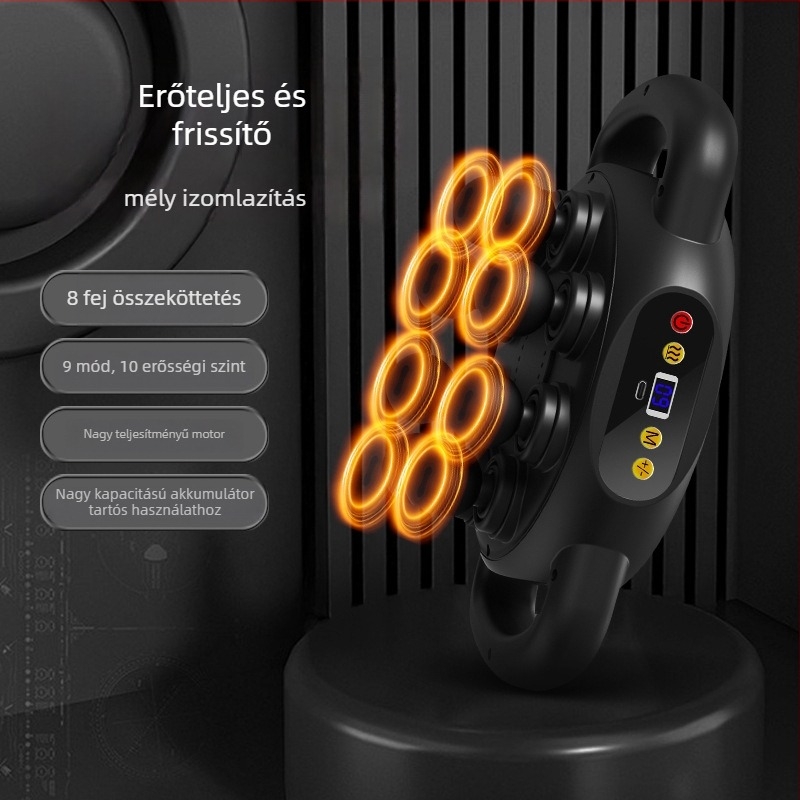 Fascia Gun izommasszírozó - 4 fej, kefés motor, beépített akkumulátor 1200-2000 mAh, LCD kijelző, 5+ sebességfokozat (zaj < 36 dB)