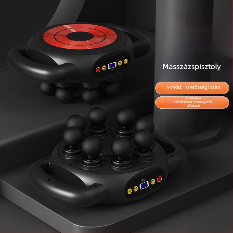 Fascia Gun izommasszírozó - 4 fej, kefés motor, beépített akkumulátor 1200-2000 mAh, LCD kijelző, 5+ sebességfokozat (zaj < 36 dB)