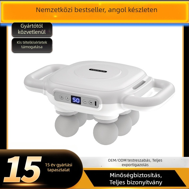 6 fejű fascia masszírozó beépített akkumulátorral, 2000–4000 mAh, 6–8 óra üzemidő, több than 5 sebességfokozat, halk működés (<36 dB)