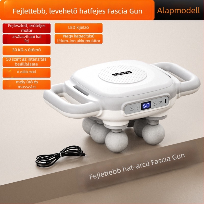 6 fejű fascia masszírozó beépített akkumulátorral, 2000–4000 mAh, 6–8 óra üzemidő, több than 5 sebességfokozat, halk működés (<36 dB)