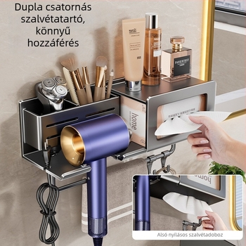 Hajszárító tartó integrált törölköző- és zsebkendő tárolóval – furat nélküli szerelés, alumínium ötvözet, teherbírás 30 kg